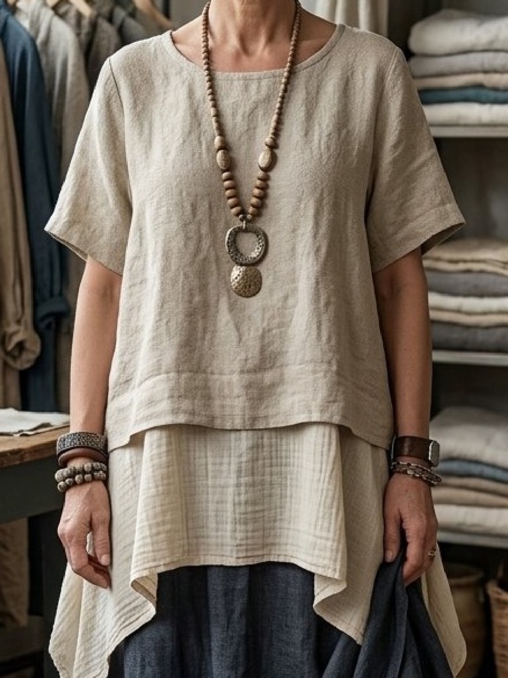 Rafaella Linen Blend Beige Short Sleeve Top Small Lagenlook Minimalist